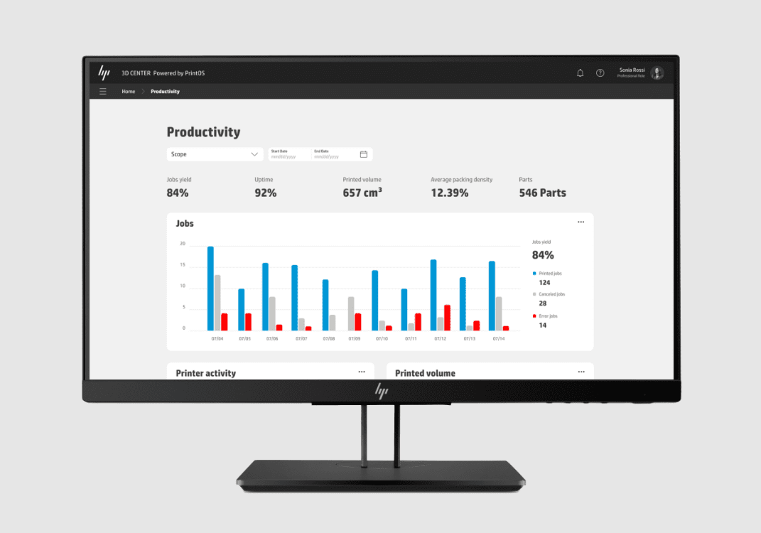 Vista di un monitor con schermata di HP 3D Central